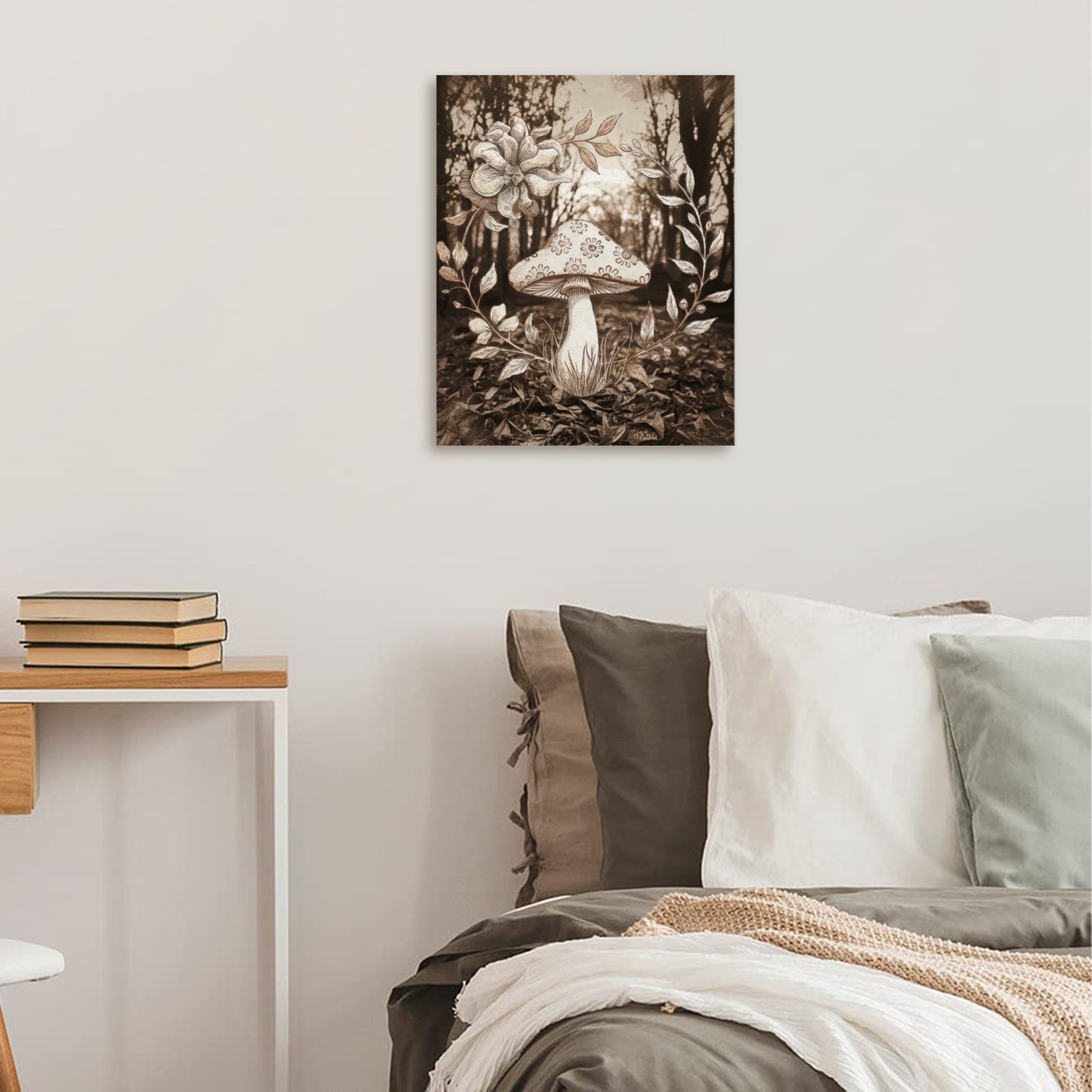 Vintage Mushroom Wood Panel 8x10 Wall Art | Botanical Sepia Print