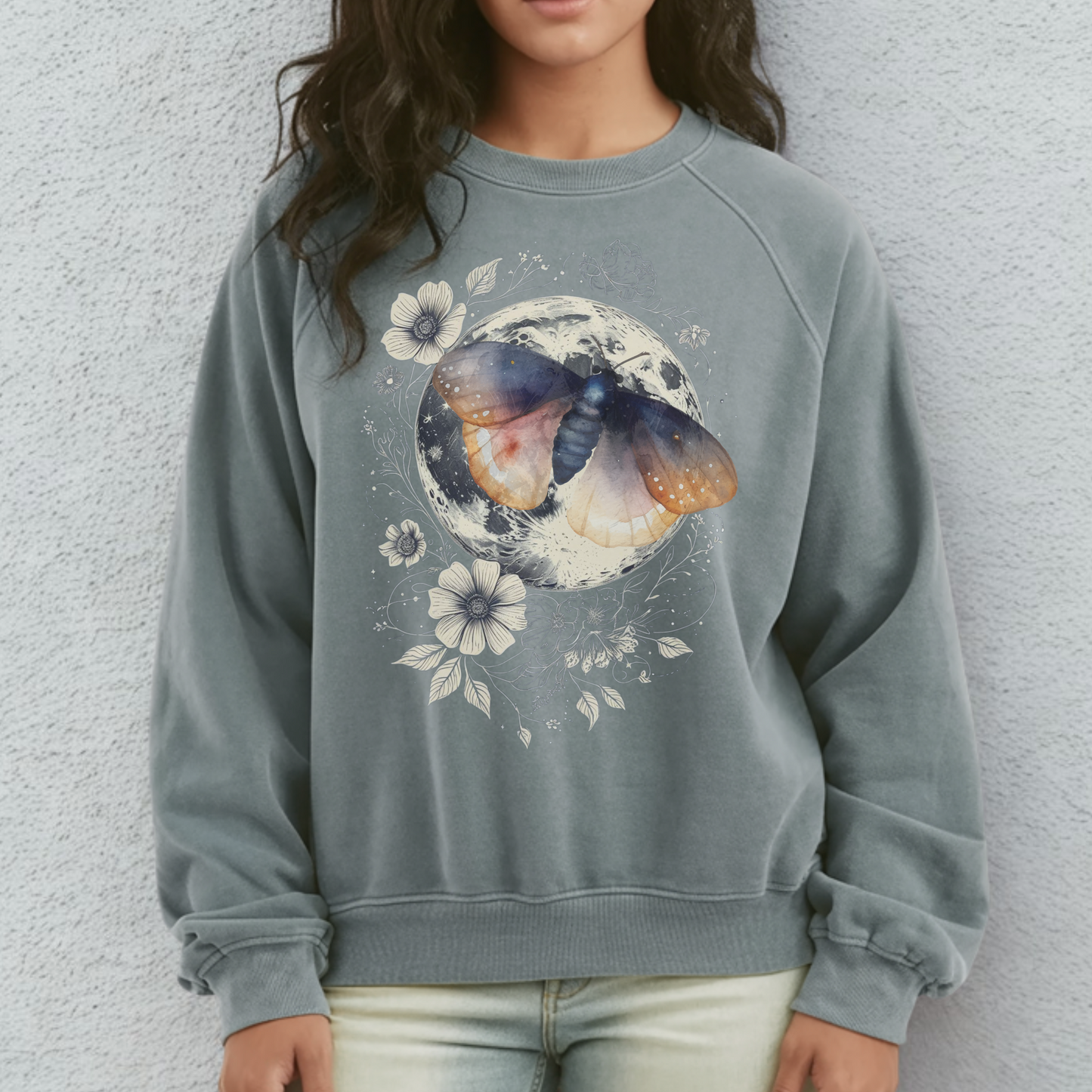 Moth and Moon Sweatshirt | Celestial Nature Crewneck | Bella + Canvas Fleece