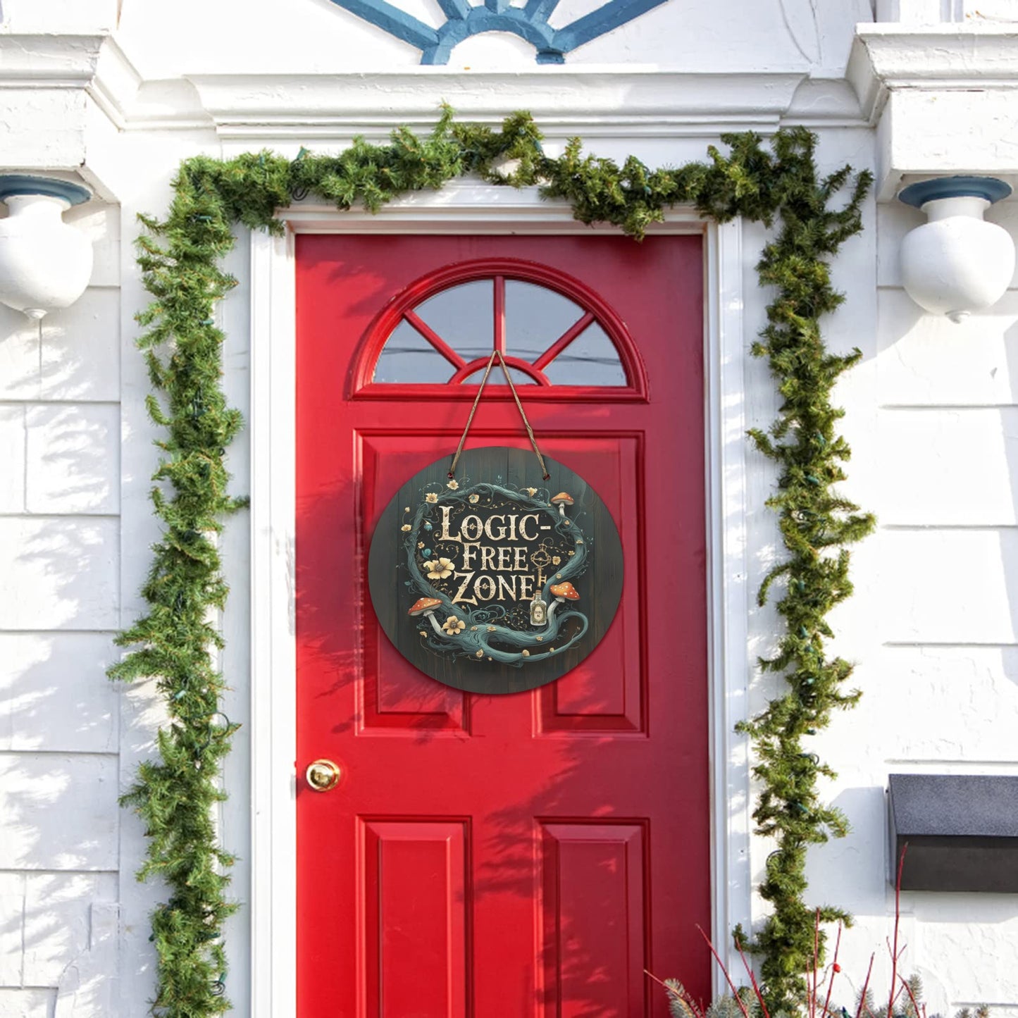 Logic-Free Zone Round Wooden Sign | Alice in Wonderland Inspired Wall Art