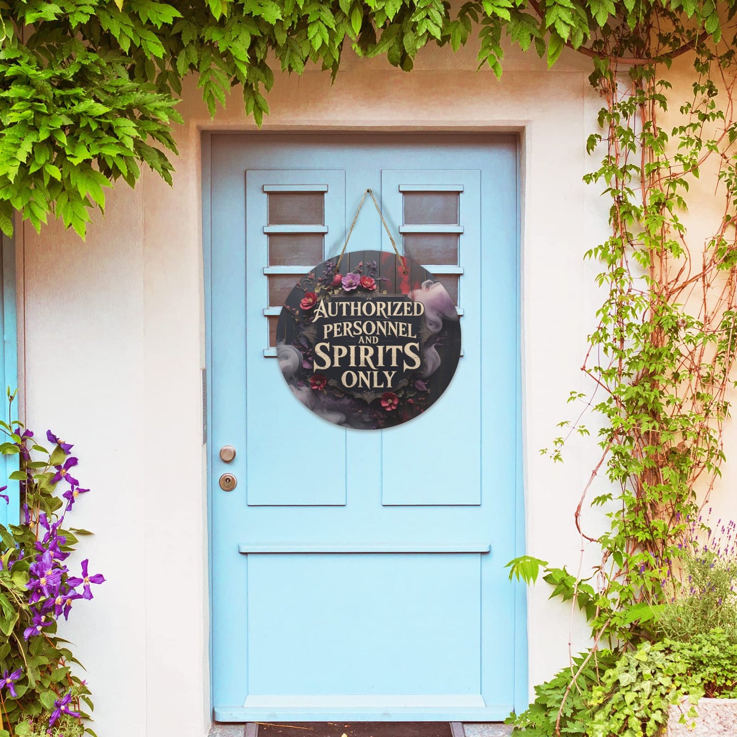 Authorized Personnel and Spirits Only Round Wooden Sign | Gothic Halloween Door Hanger