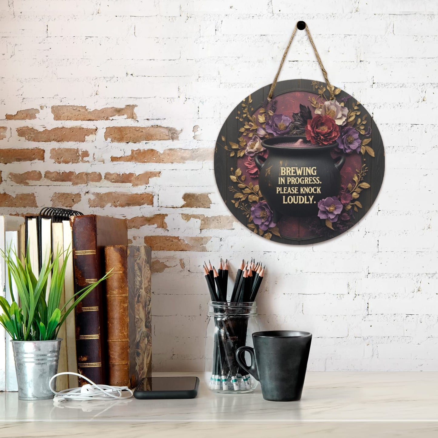 Brewing in Progress Round Wooden Sign | Cute Entry or Door Sign