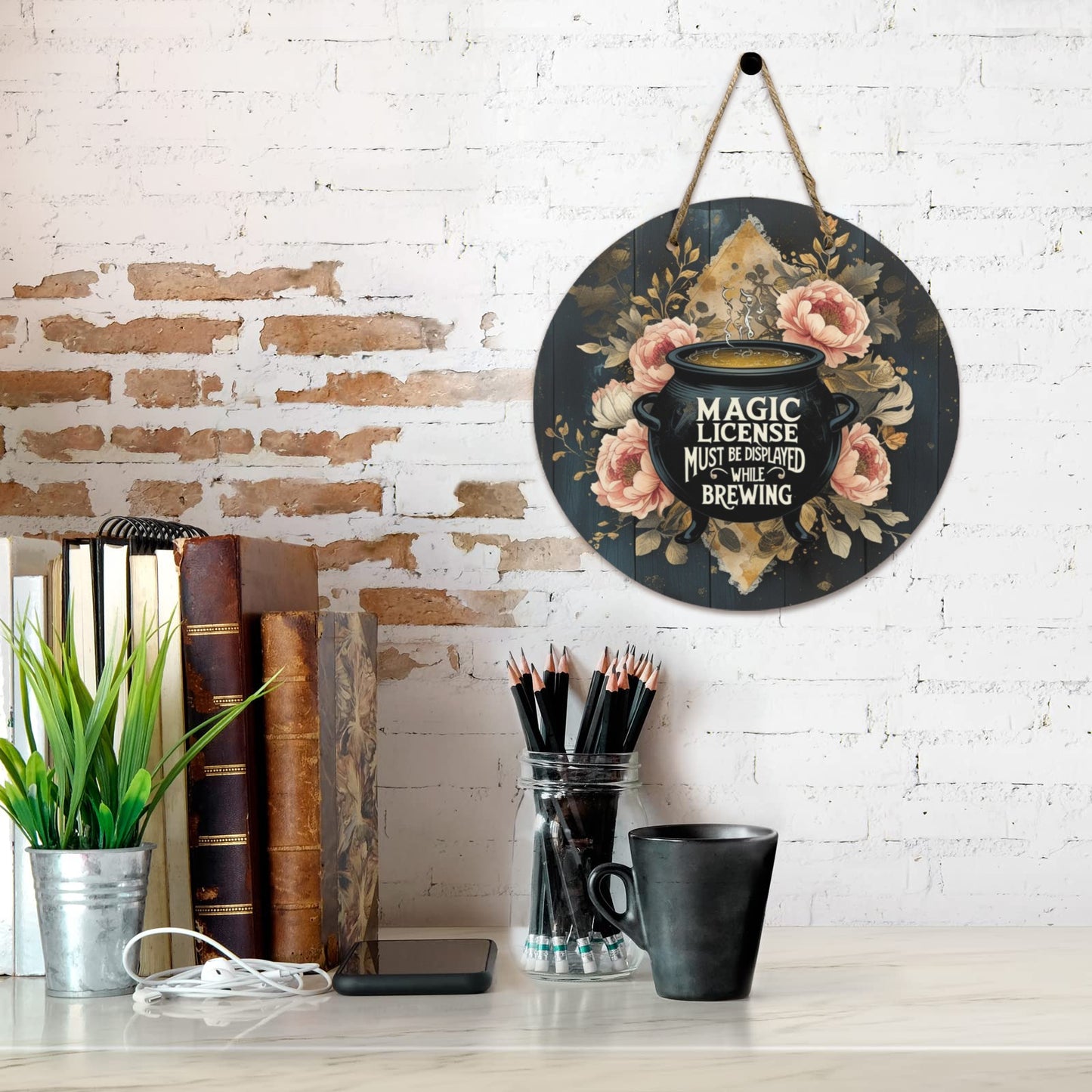 Magic License Must Be Displayed Round Wooden Sign | Witchy Cauldron Wall Decor