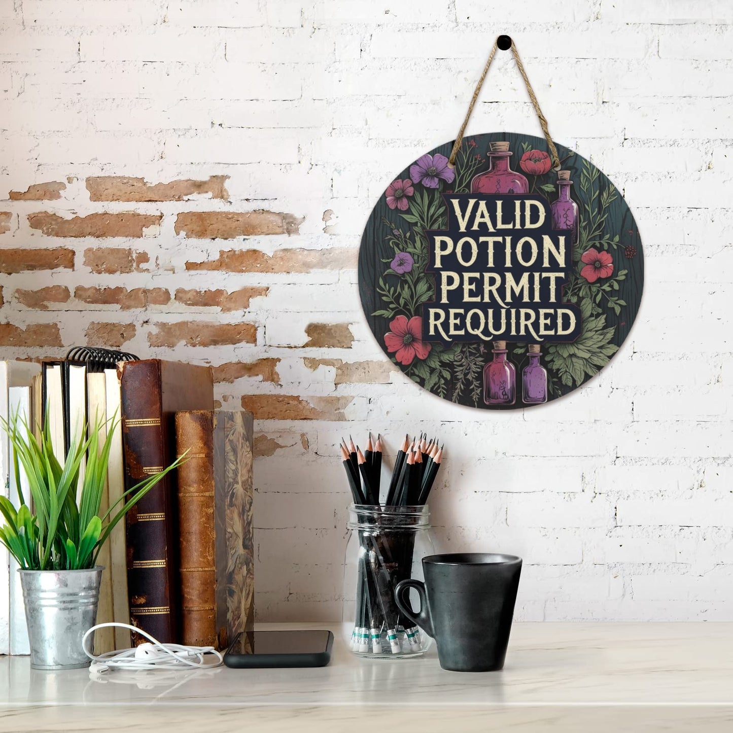 Valid Potion Permit Required Round Wooden Sign Witchy Apothecary Wall Decor