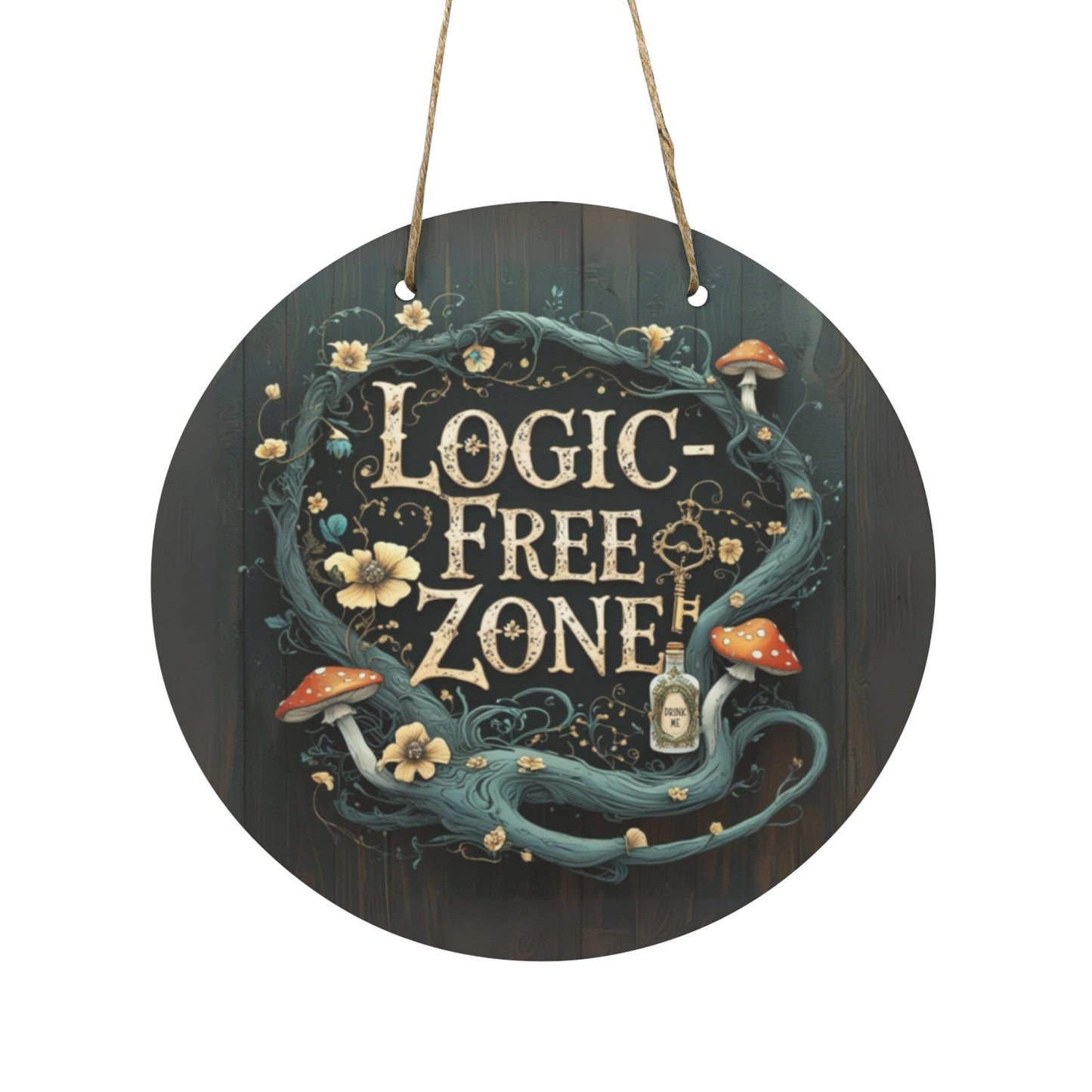 Logic-Free Zone Round Wooden Sign | Alice in Wonderland Inspired Wall Art