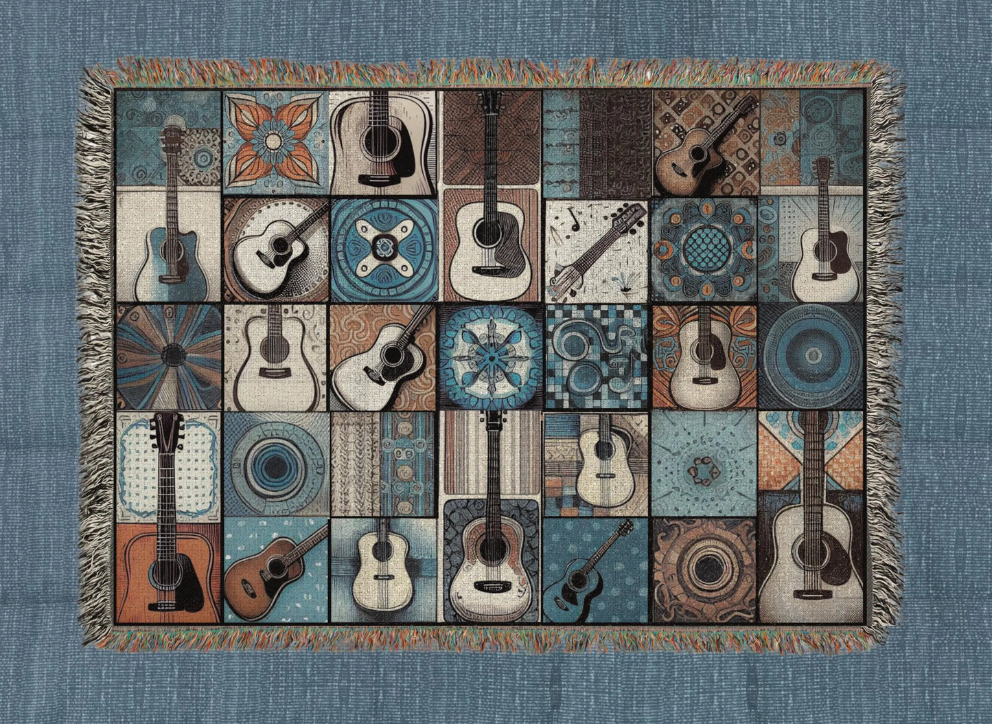 Woven Blanket - Acoustic Guitar Patchwork in Brown and Blue