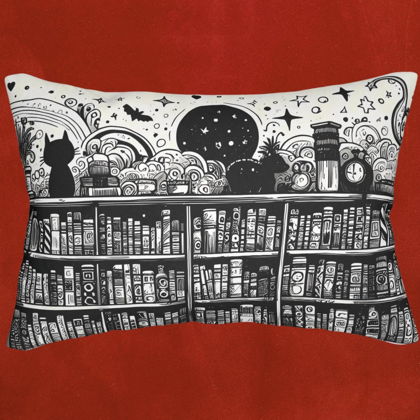 Whimsical Library & Cat Lumbar Pillow – 20x14" Black & White Bookish Decor