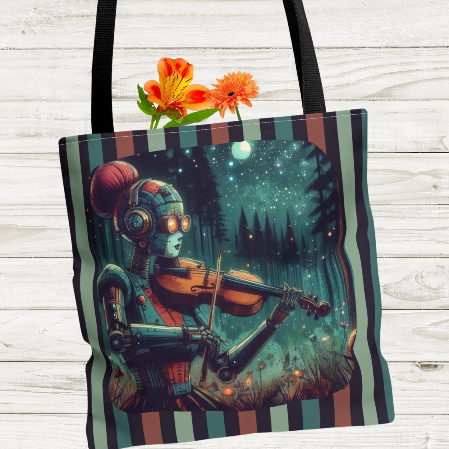 Tote Bag - Retro-Futuristic Robot Playing Violin in the Forest Night