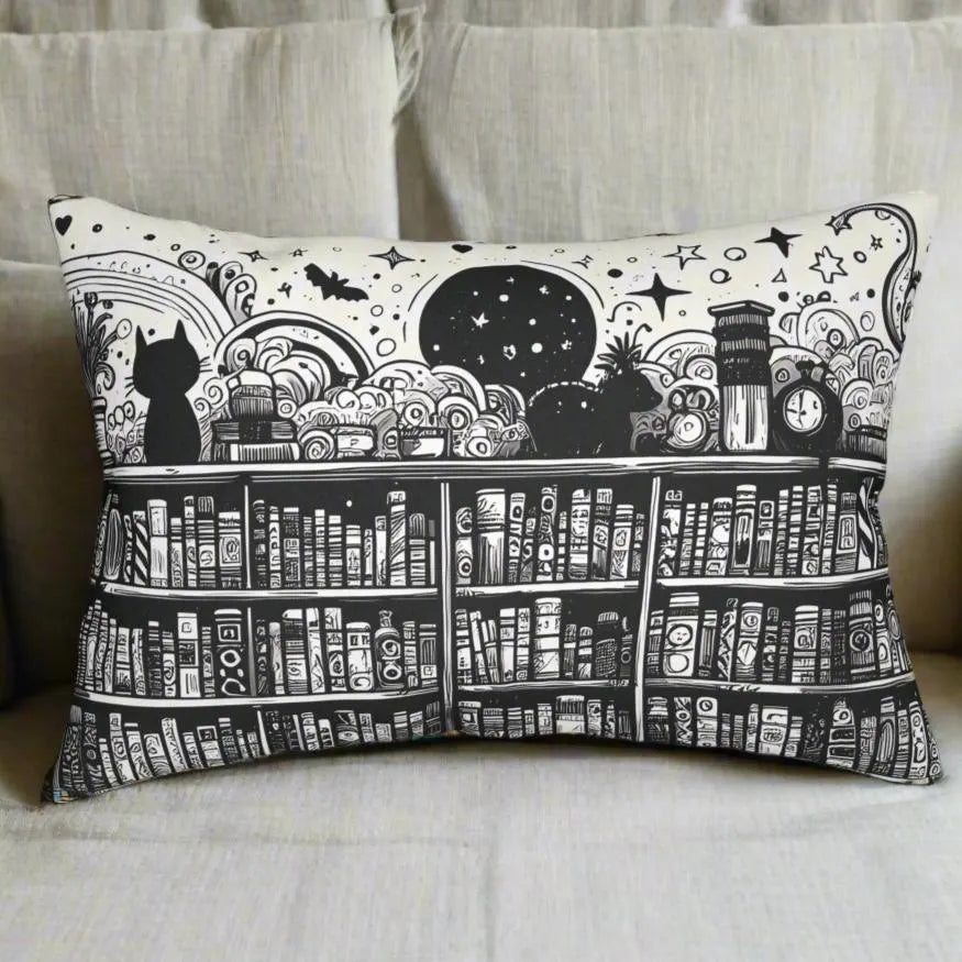Whimsical Library & Cat Lumbar Pillow – 20x14" Black & White Bookish Decor