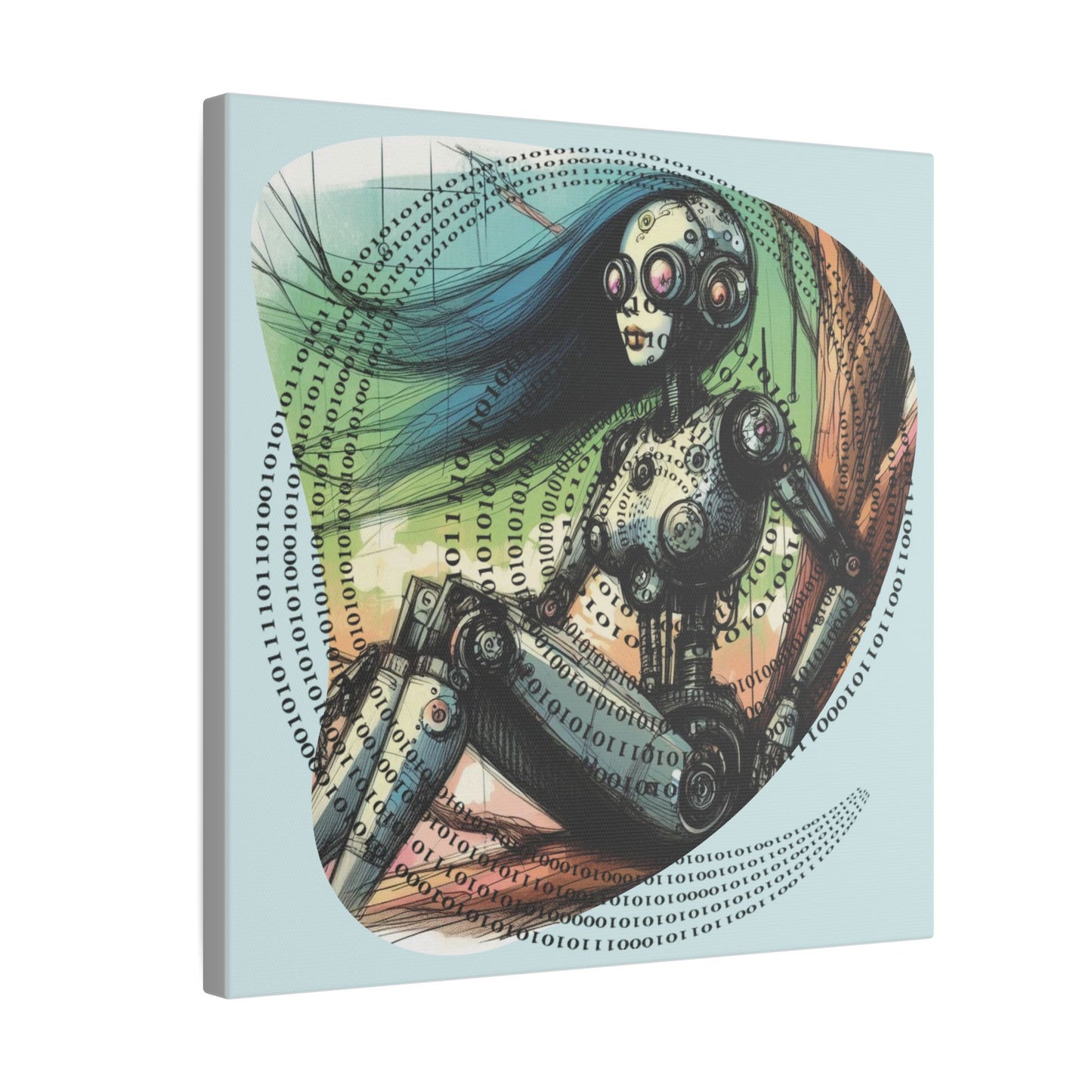 Canvas Print - Retro-Futuristic Female Robot Dreaming in Binary, 70s 80s Sci-Fi Cyberpunk Wall Art