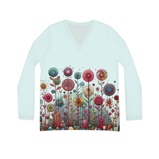 Women's Long Sleeve V-Neck Top – Whimsical Floral Design on Front and Back, Pale Blue, Soft Lightweight Knit