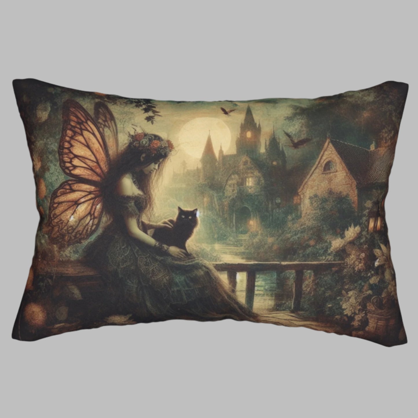 Lumbar Pillow - Moody Enchanting Scene with Victorian Fairy & Cat