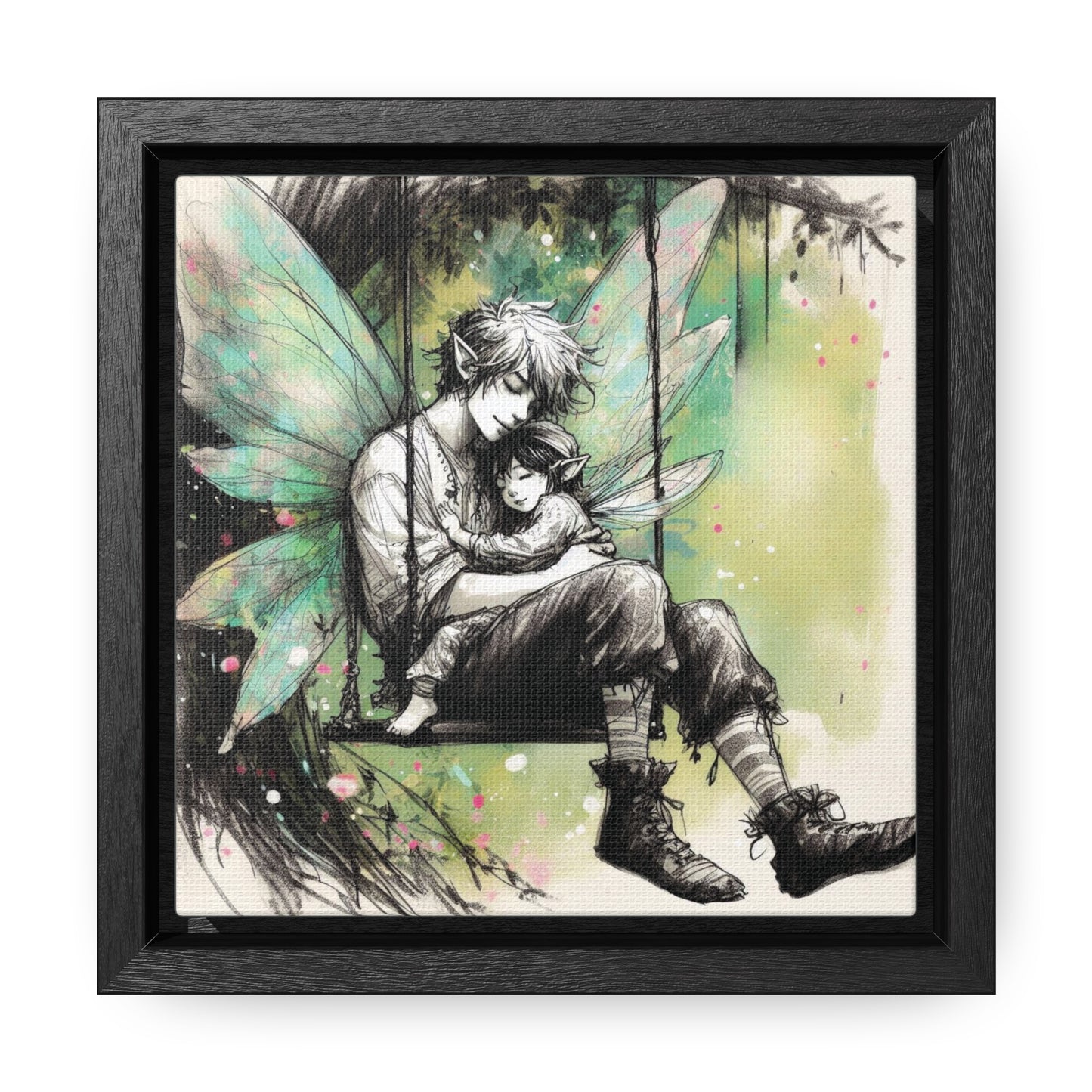 Father Fairy with Daughter on Swing, Gallery Wrapped Canvas Print - Sweet Fatherly Bond Wall Art for Nurseries or Child's Bedroom