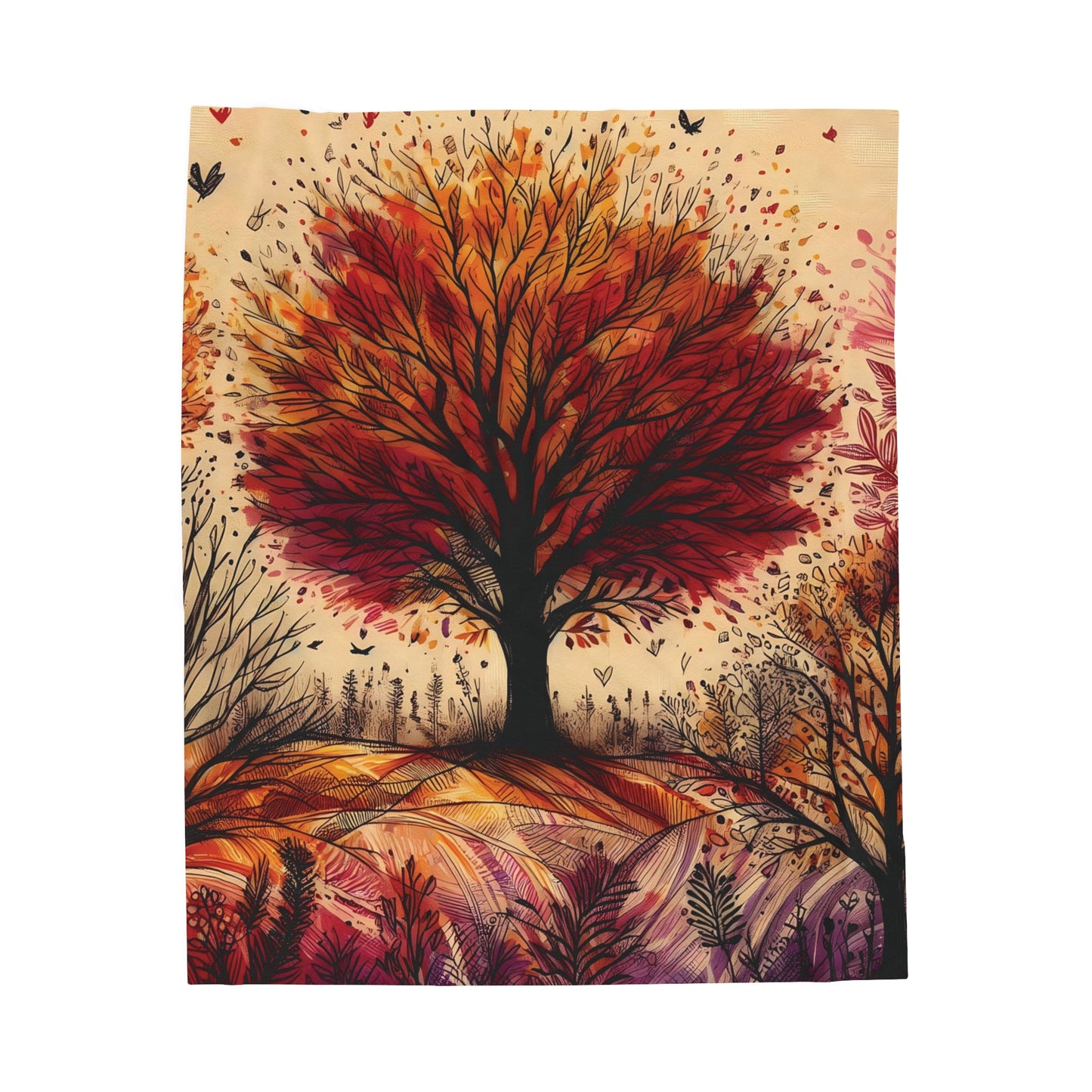 Velveteen Plush Autumn Blanket - Vibrant Tree on a Hill