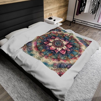 Velveteen Plush Boho Blanket - Vibrant Mandala Pattern with Blue, Purple, Pink, and Cream