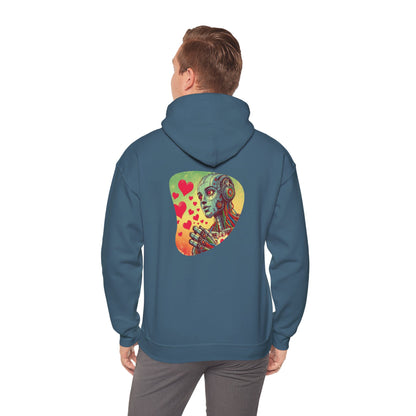 Colorful Whimsical Robot Hearts Hoodie, Retro-Futuristic 80s Print, Unisex Sweatshirt, Fun Thought-Provoking Design, Unique Gift Idea