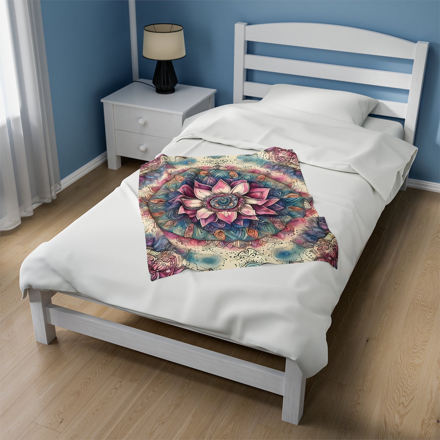 Velveteen Plush Boho Blanket - Vibrant Mandala Pattern with Blue, Purple, Pink, and Cream