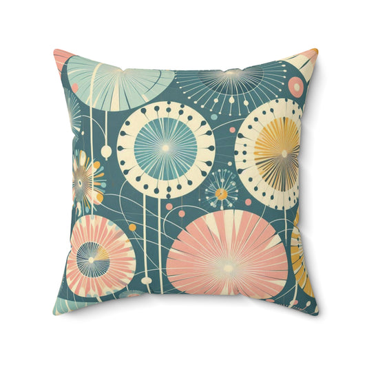 Retro 50s Dandelion Faux Suede Pillow - Square Accent Pillow with Teal, Peach, & Yellow Whimsical Design - Vintage-Inspired Granny Chic Decor