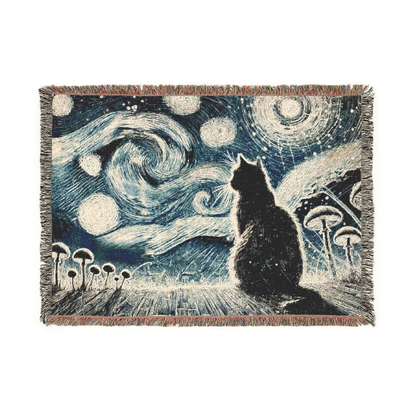 Woven Blanket - Enchanted Night with Black Cat and Whimsical Clouds