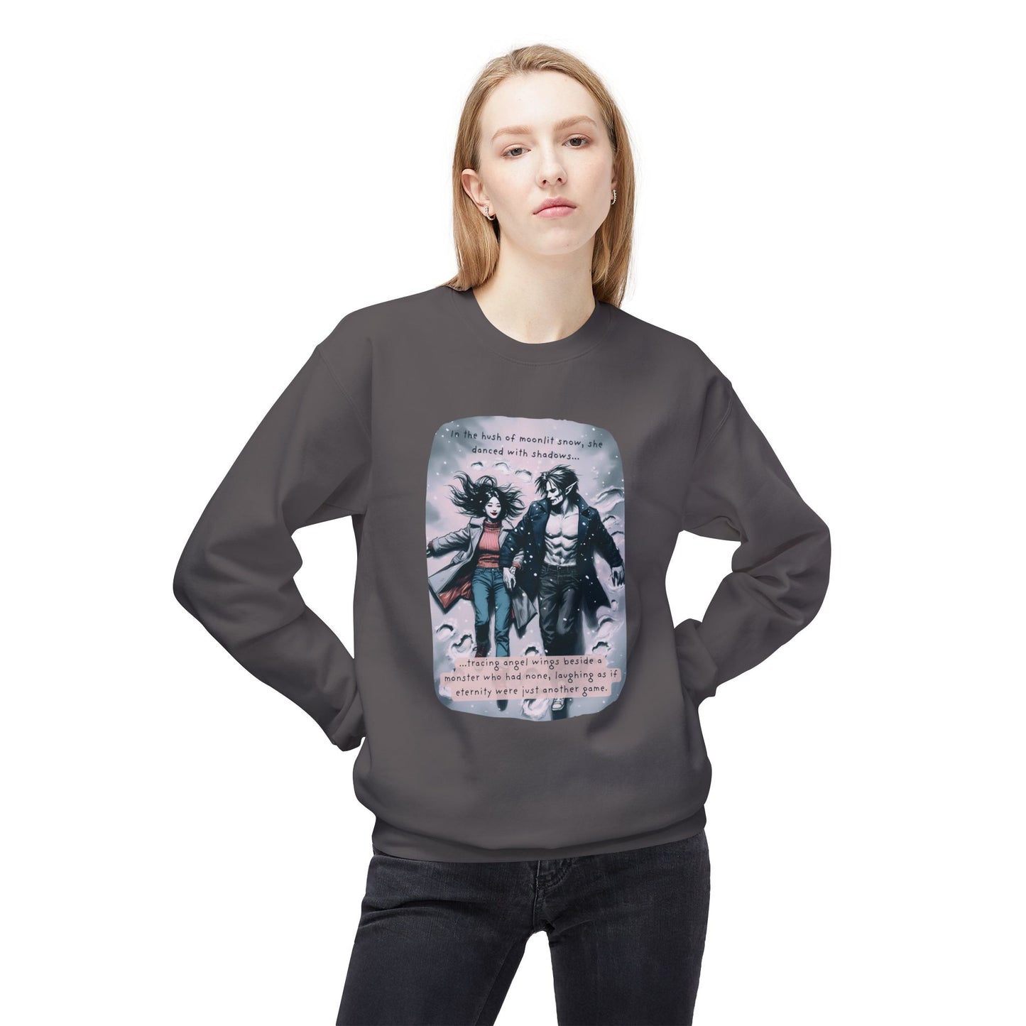 Snow Angels and Shadows (Beautiful Monsters Collection) - Unisex Midweight Softstyle Fleece Crewneck Sweatshirt, Multiple Colors Available