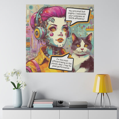 Quirky Robot & Cat Canvas Wall Art - Retro Futuristic Comic Book Style, Whimsical Matte Print for Home Decor