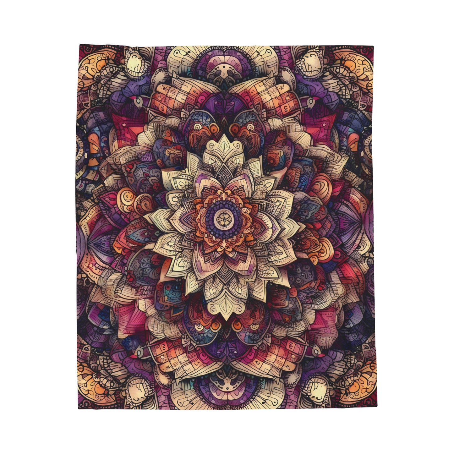 Velveteen Plush Autumn Blanket - Boho Mandala with Red, Purple, and Creme