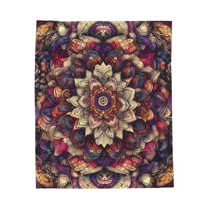 Velveteen Plush Autumn Blanket - Boho Mandala with Red, Purple, and Creme