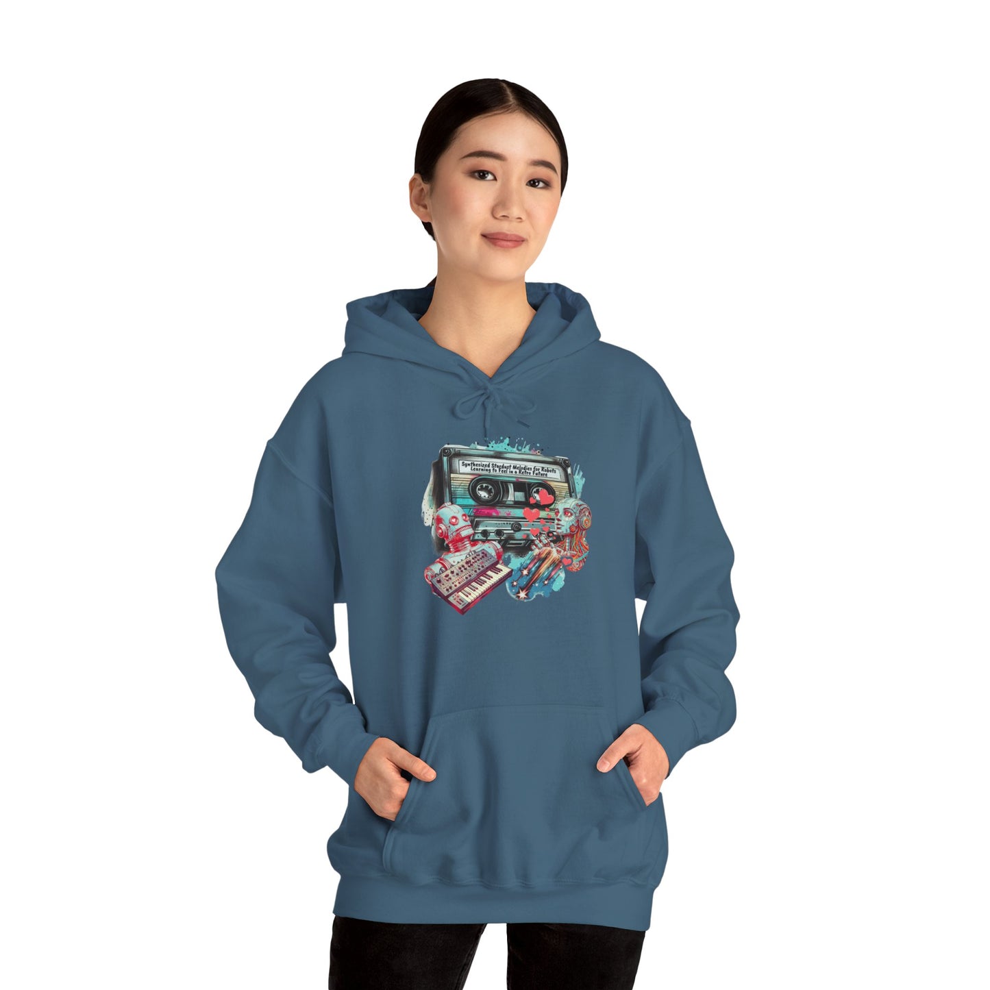 Retro Stardust Melodies Hoodie - Mixtape Collage Design,  Cozy and Perfect for Music Lovers and Fall Festival Attire