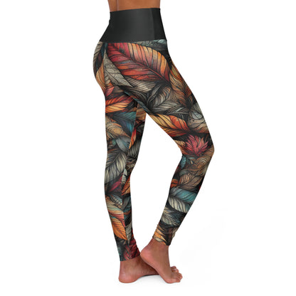 High Waisted Fall Yoga Leggings - Sketched Vibrant Leaves, XS-2XL