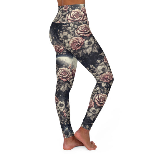 Vintage Rose and Full Moon Celestial Leggings for Everyday or Active Wear, XS-2XL