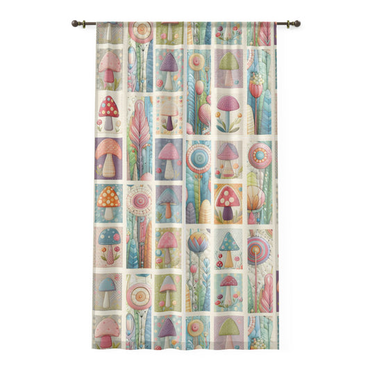 Dreamy Sheer Curtain with Whimsical Patchwork Pattern of Pastel Mushrooms and Flowers, Great for Kid's Rooms