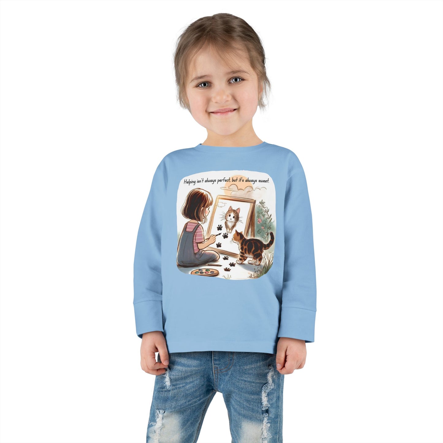 Toddler Long Sleeve Tee - Whimsical Cat Portrait Shirt for Kids, Playful Artistic Unisex Top, Soft