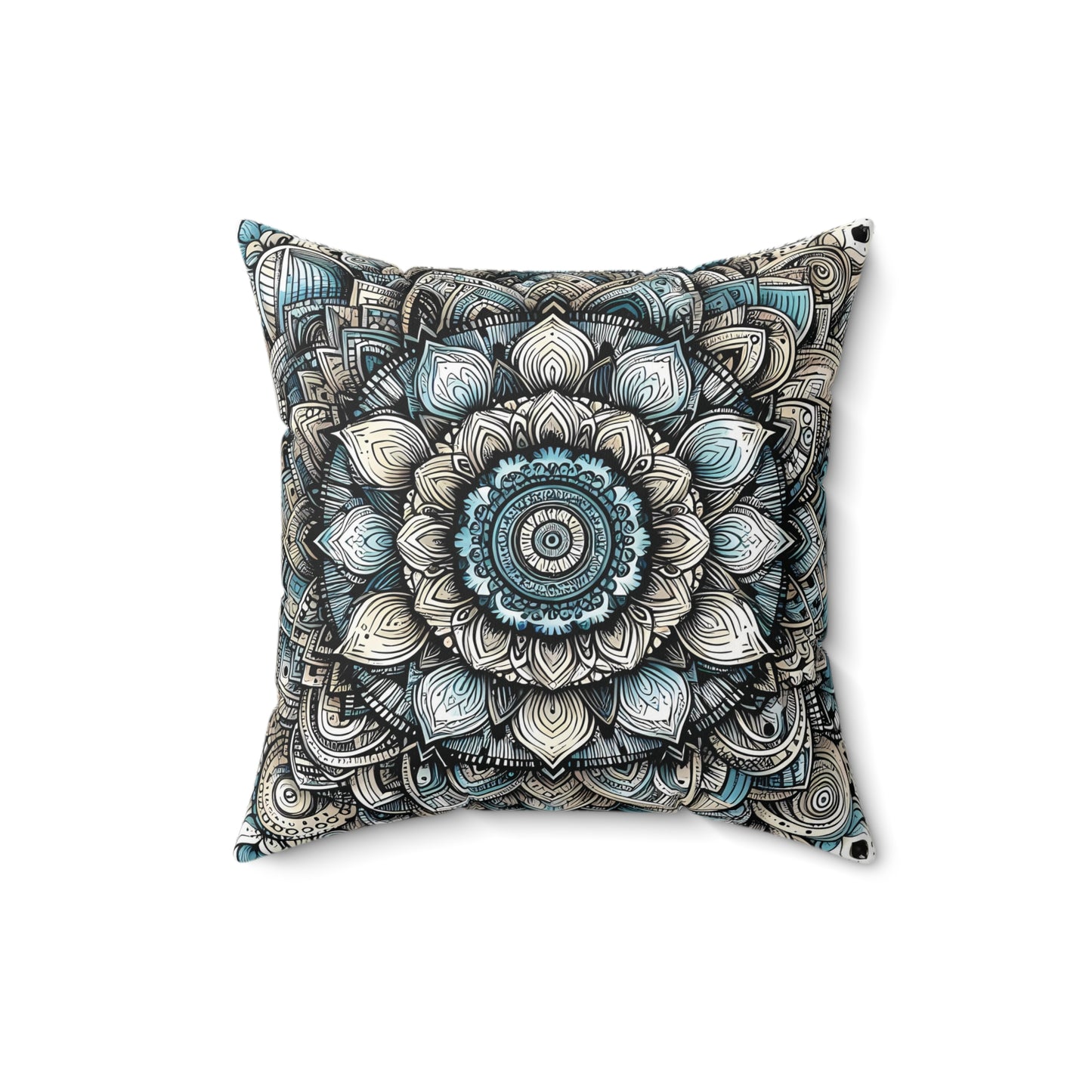 Square Faux Suede Pillow - Boho Floral Mandala, Turquoise and Black Tones (Cover + Pillow Included)