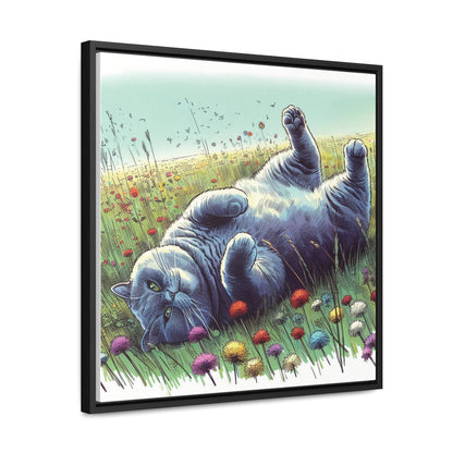 Gray Cat Lounging in Floral Field Gallery-Wrapped Canvas - Cat Lover Gift, Decor for Child's Room or Nursery, Storybook Style Art