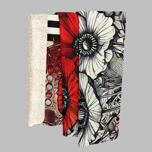 Sherpa Fleece Blanket - Red Poppies Over Black & White Patchwork