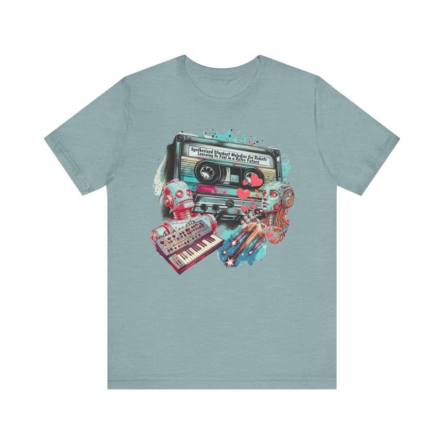 Mixtape T-Shirt - "Synthesized Stardust Melodies" Collage, Unisex Tee with Retro Cassette Tape Design, Great Gift for Music Lovers