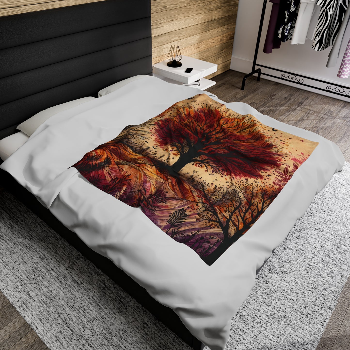 Velveteen Plush Autumn Blanket - Vibrant Tree on a Hill