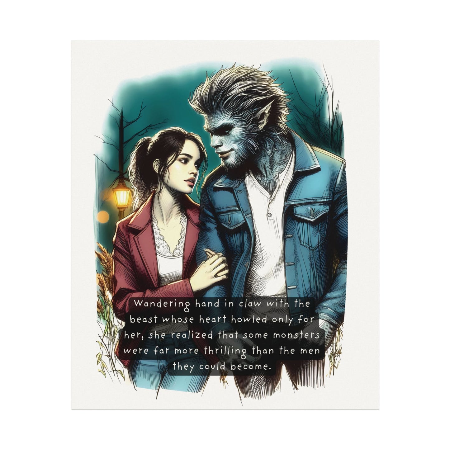 Stroll with a Teenage Werewolf (Beautiful Monsters Collection) - Textured Watercolor Matte Poster