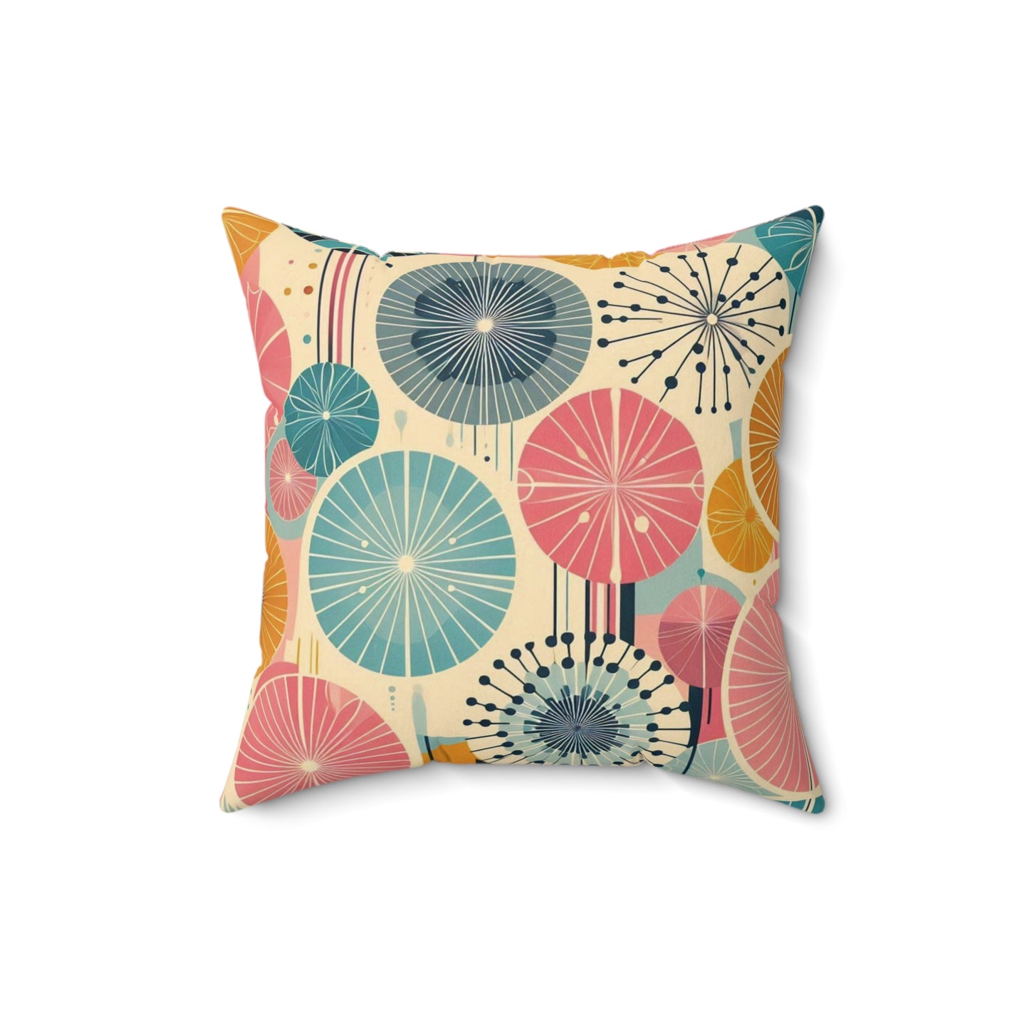 Retro 50s Dandelion Pattern Faux Suede Throw Pillow - Pink, Teal, & Navy - Soft Square Pillow for Kids Room, Living Room, Office