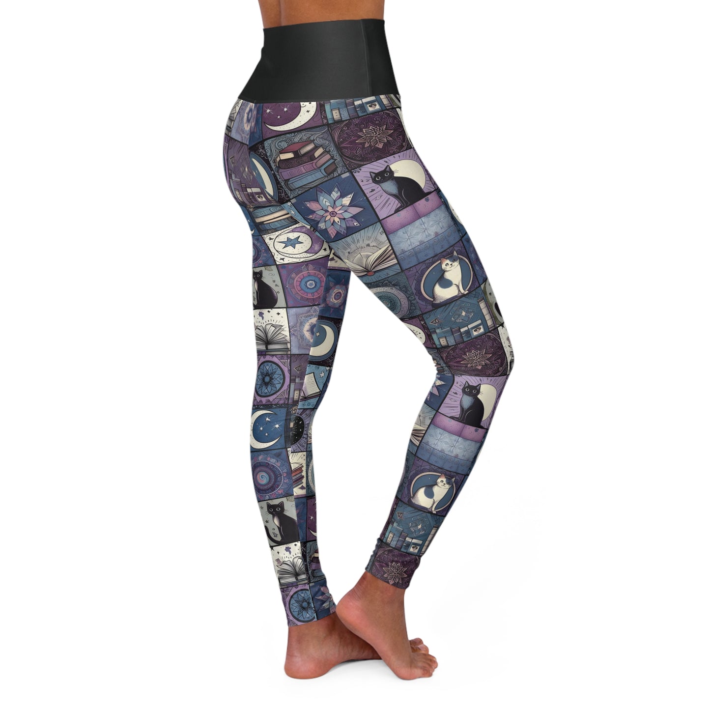 High Waisted 'Cats, Books, & Moons' Patchwork Yoga Leggings – Cute & Comfy Athleisure for Bookworm Feline Lovers