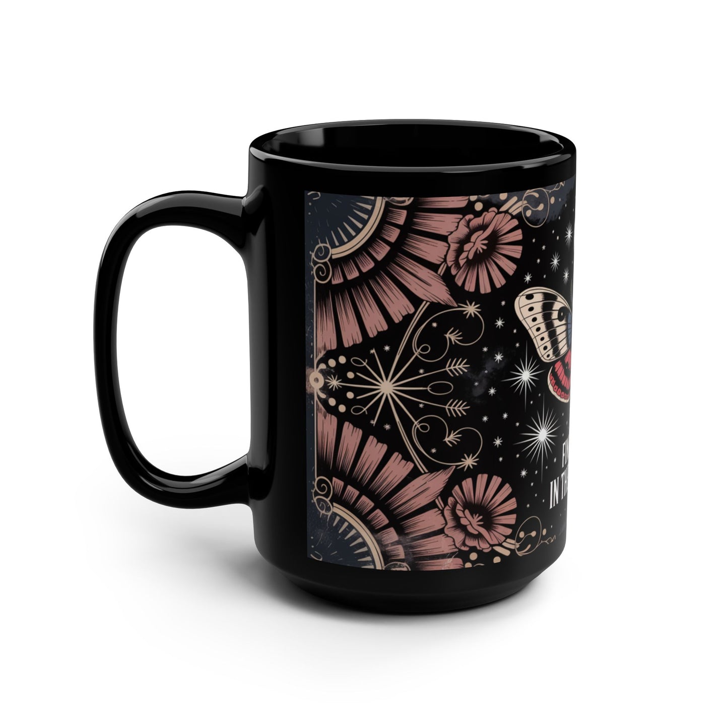 Find Beauty in the Darkness Mug, Mystical Moth and Moon Design, 15oz Black Ceramic Coffee or Tea Cup for Gothic Nature Lovers