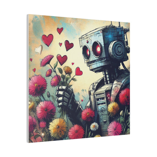 Canvas Print, Retro-Futuristic Robot in Wildflowers, Graphic Novel Style, Comic Book Art, Matte Stretched Vibrant Wall Art