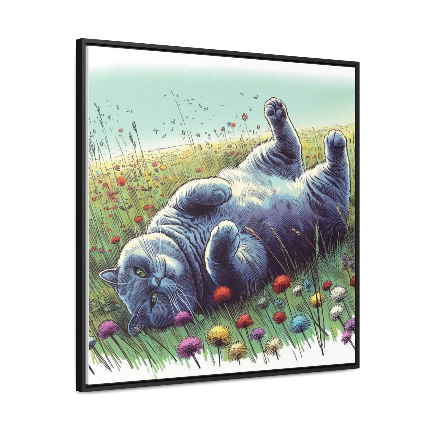 Gray Cat Lounging in Floral Field Gallery-Wrapped Canvas - Cat Lover Gift, Decor for Child's Room or Nursery, Storybook Style Art