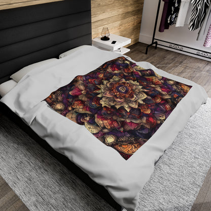 Velveteen Plush Autumn Blanket - Boho Mandala with Red, Purple, and Creme