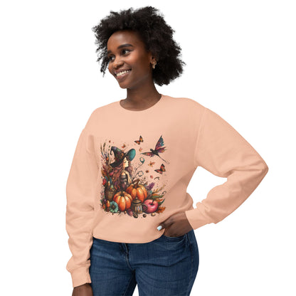 Lightweight Autumn Crewneck Sweatshirt - Whimsical Autumn Fairy Witch