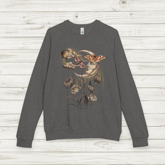 Mystical Moon Moth French Terry Sweatshirt, Vintage Lunar Botanical Pullover in 5 Colors, Dreamy Celestial Graphic