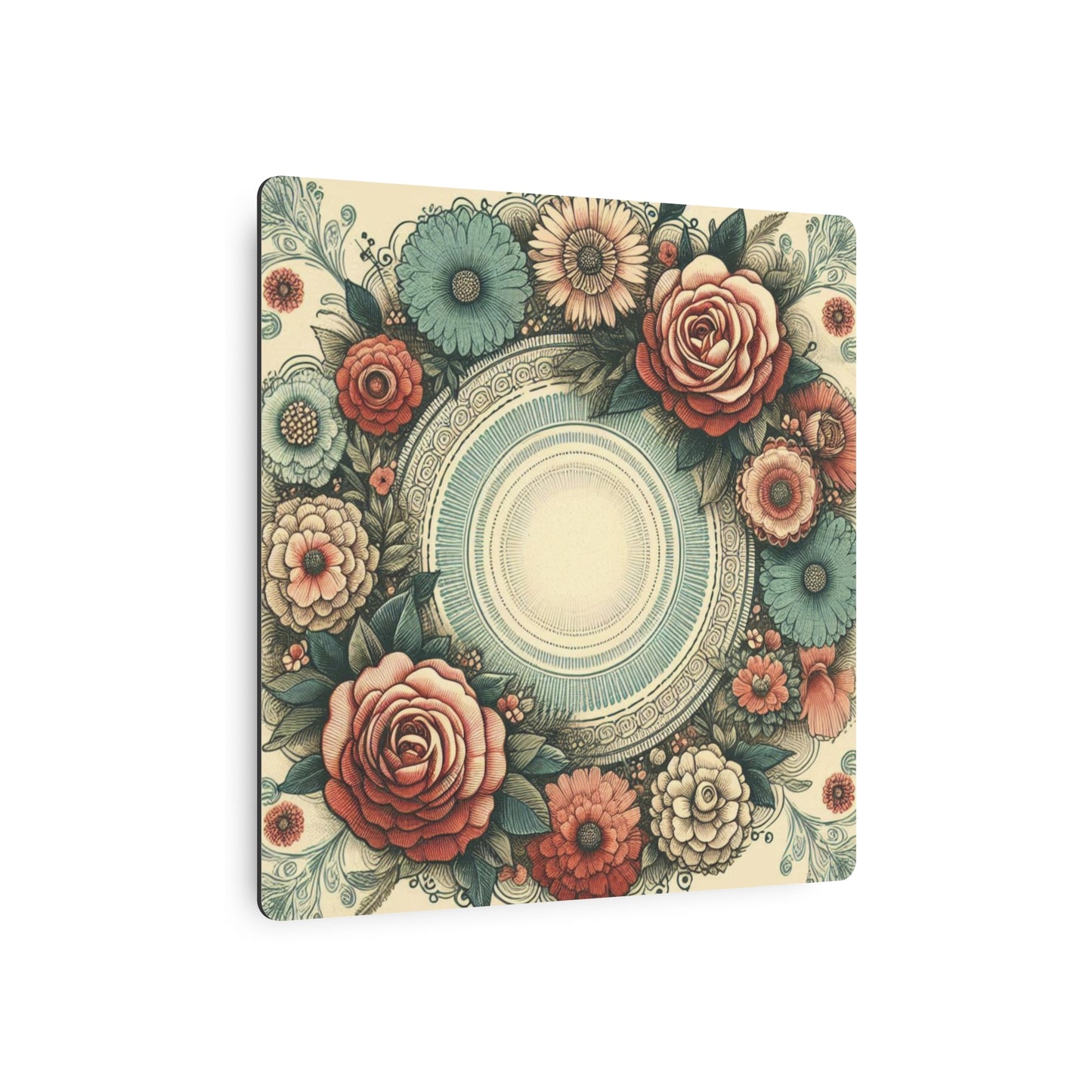 Vintage Rose Geometric Metal Wall Art - Retro-Inspired Design with Rose and Teal Hues - Durable Matte Finish Aluminum