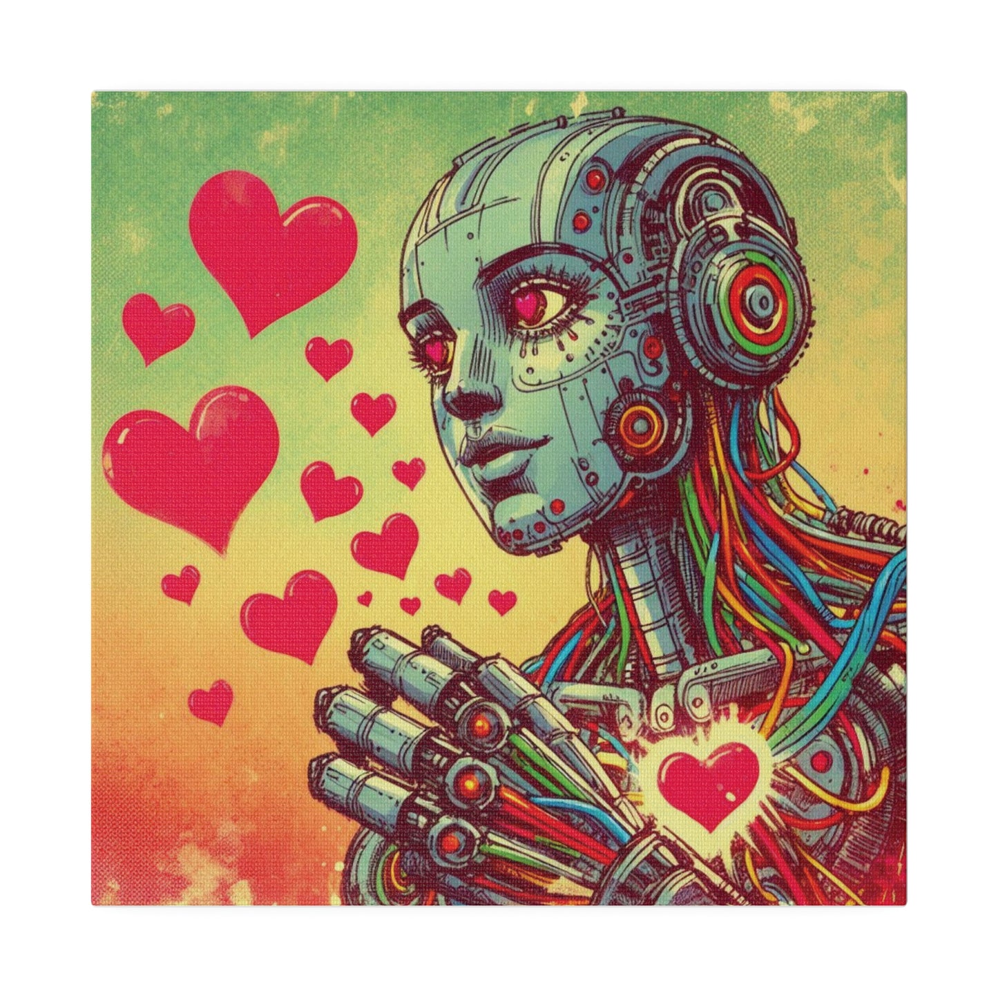 Retro-Futuristic Robot Love Matte Canvas – Graphic Novel Style Sketch, Vibrant Wall Art