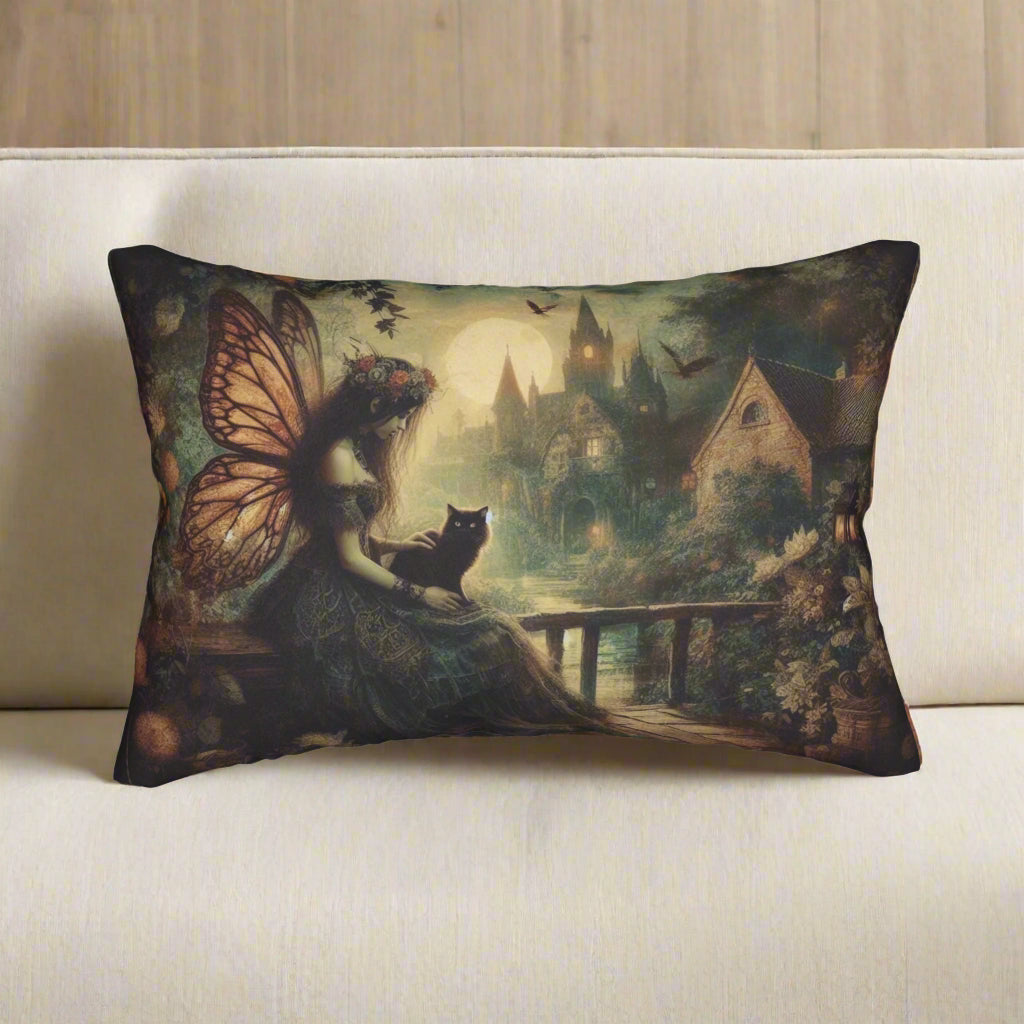 Lumbar Pillow - Moody Enchanting Scene with Victorian Fairy & Cat