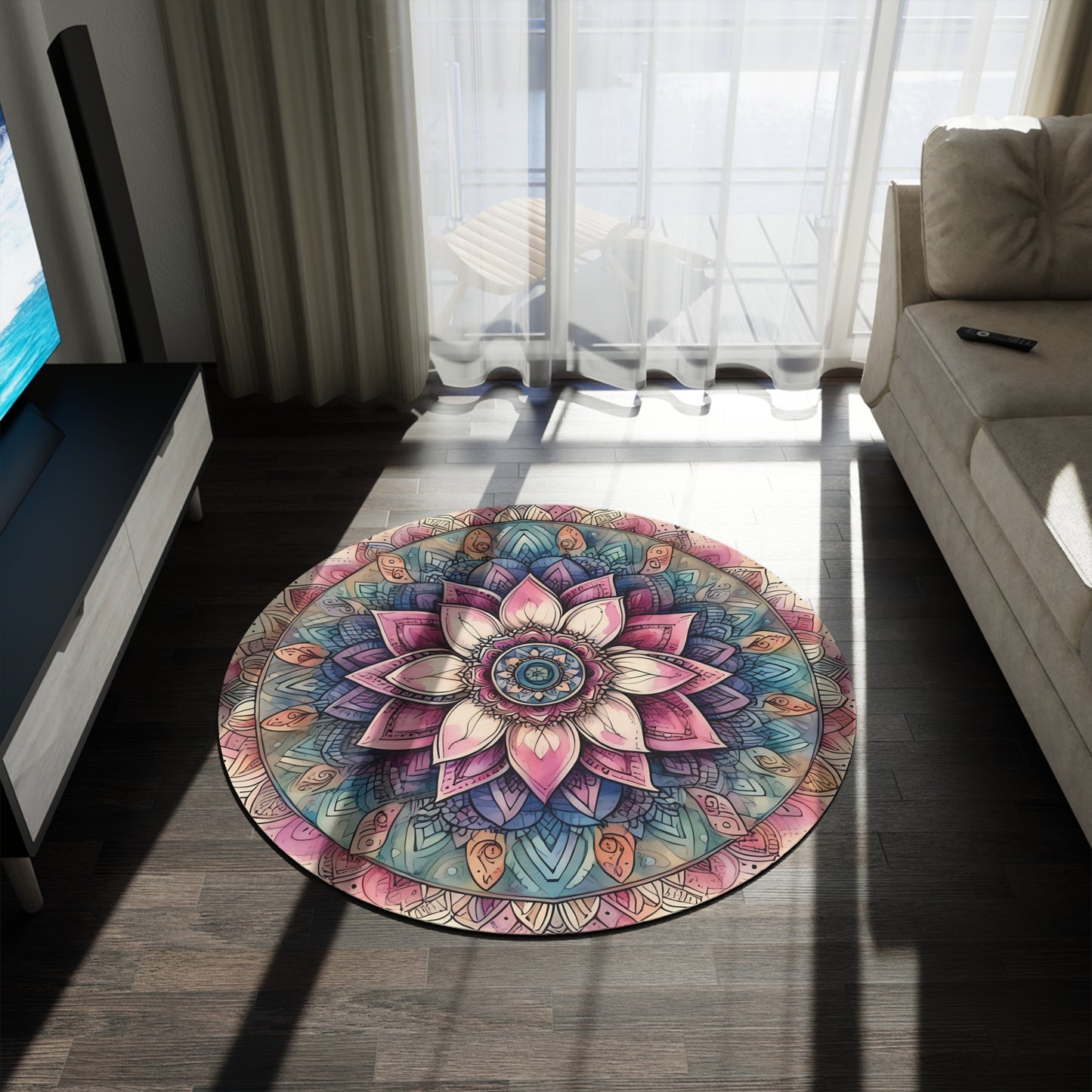 Round 60" x 60" Rug - Boho Mandala Lotus with Pinks and Blues