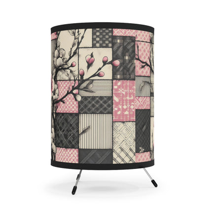 Cherry Blossom Patchwork Table Lamp - Pink and Black Floral Design with Tripod Base, Soft Lighting - Great for Office, Living Room, Nursery